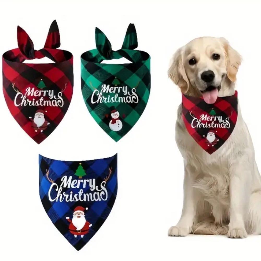 Christmas pet triangle plaid print scarves, you get all 3 of them